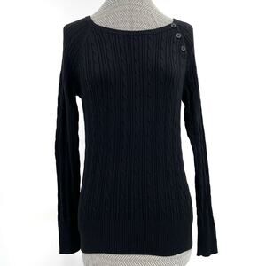 Black Cable Knit Sweater Button Collar Long Sleeve Minimalist Staple Top Size S